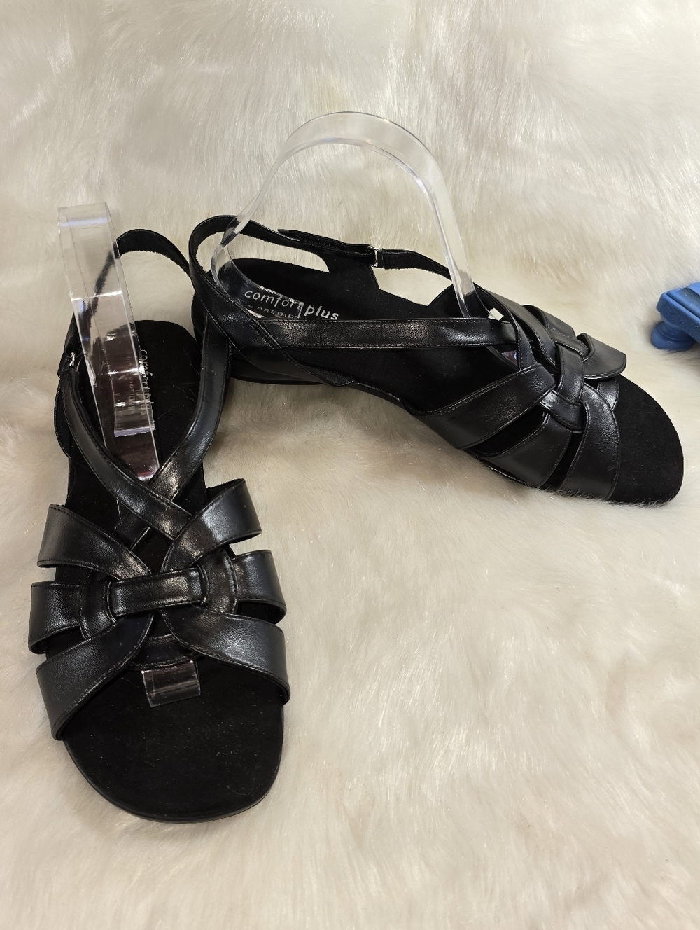 Comfort Plus by Predictions Black Strappy Vegan Leather Woven Slingback Sandals